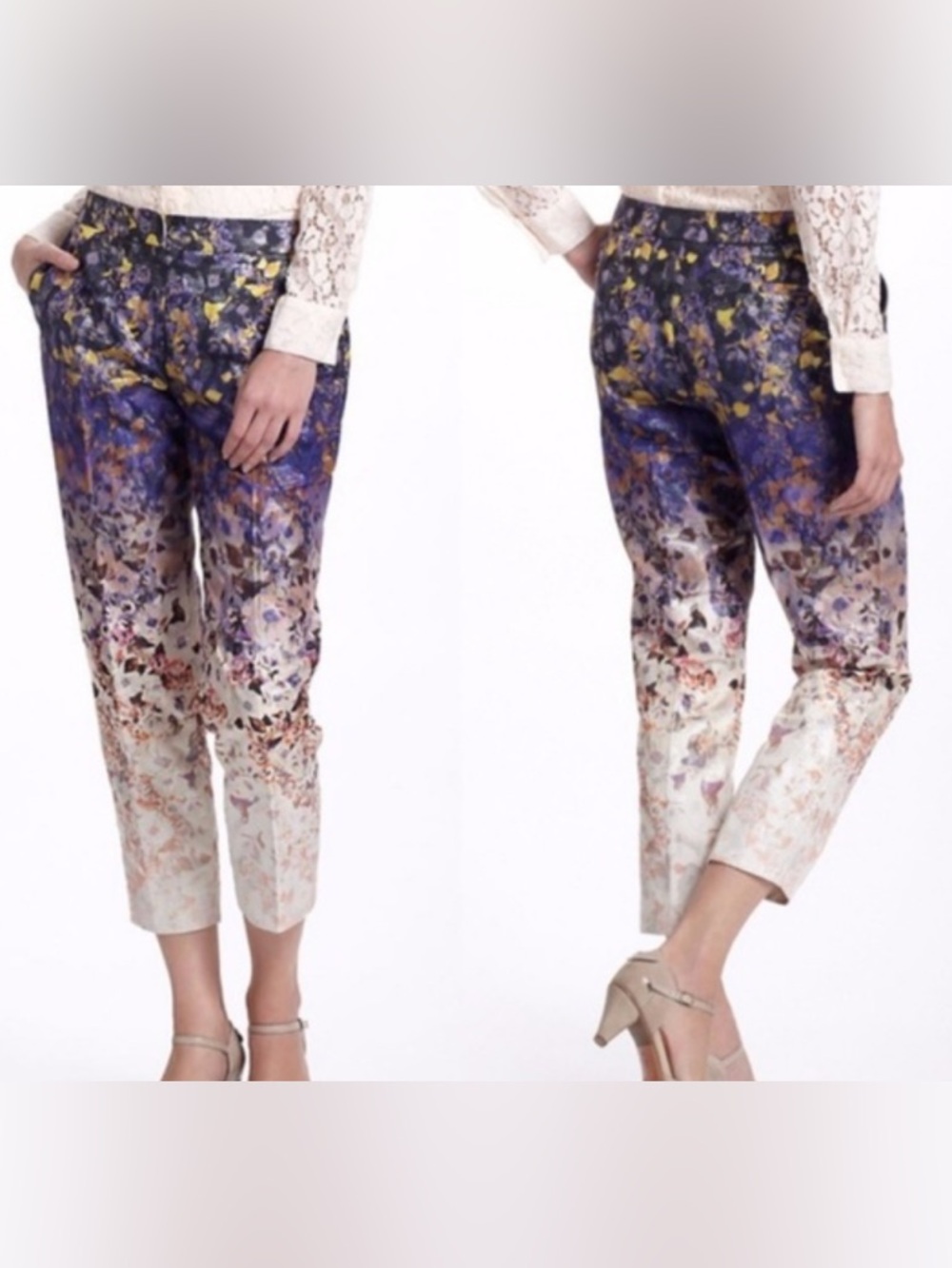 Leifsdottir by Anthropologie Floral Metallic Ankle Pants Lightweight Size 4